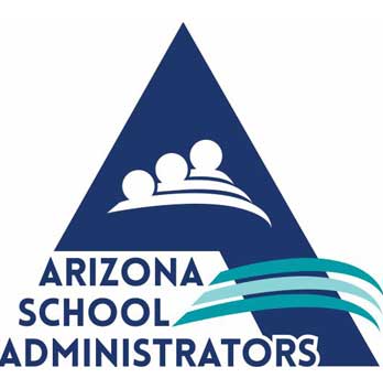 Logo for the Arizona Institute of Excellence featuring a blue triangular shape with stylized human figures and the text "Arizona School Administrators" at the bottom.