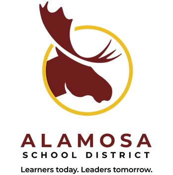 Logo of Alamosa School District featuring a stylized moose head inside a circle with the tagline "Learners today. Leaders tomorrow.