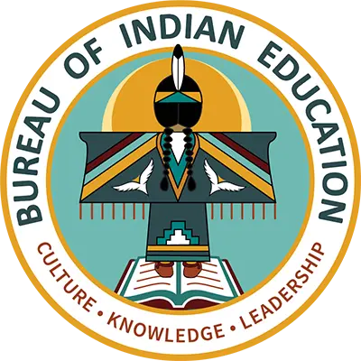 The logo of the Bureau of Indian Education, reminiscent of an auto draft in its precision, features a Native American figure in traditional attire surrounded by an open book, the sun, and the words "Culture - Knowledge - Leadership.