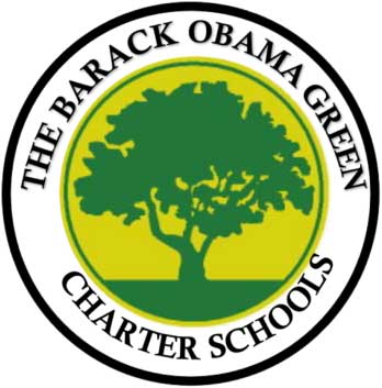 Logo of The Barack Obama Green Charter Schools featuring a green tree silhouette against a yellow background, encircled by the school's name.