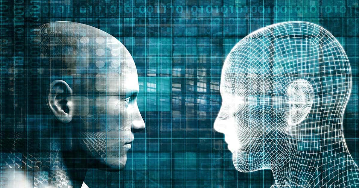 Two digital human heads face each other against a blue, grid-like background. One head is solid with a reflective surface, representing the future of ethical AI, while the other is a wireframe model, embodying accountability in design.