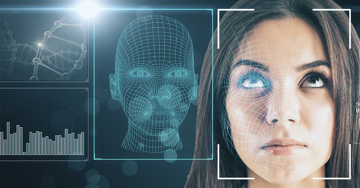 A woman’s face is scanned by AI-powered facial recognition software, with digital grids and biometric diagrams displayed beside her.