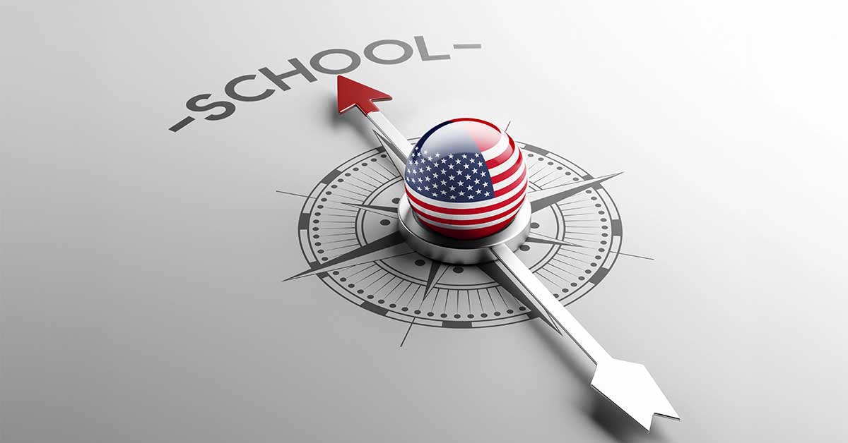 A compass with a U.S. flag-patterned sphere in the center points towards the word "school," symbolizing the journey toward excellence, guided by Tribal School Accreditation standards and BIE initiatives.