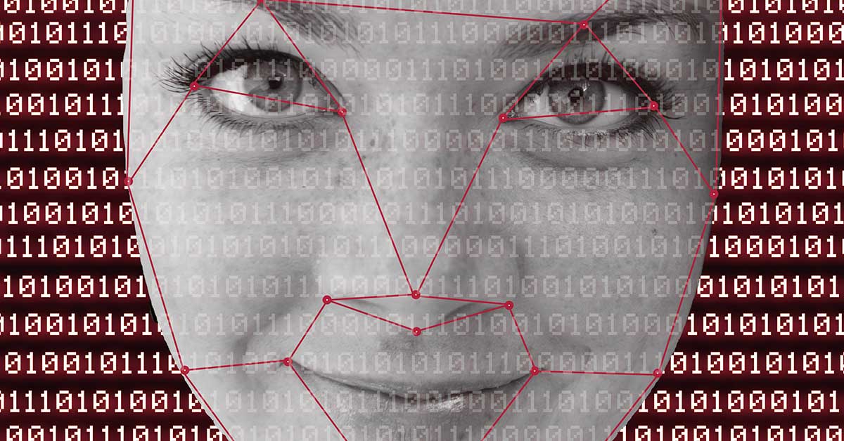 A grayscale face overlaid with binary code and facial recognition mapping lines, illustrating digital identification technology and the rising influence of deepfake techniques.