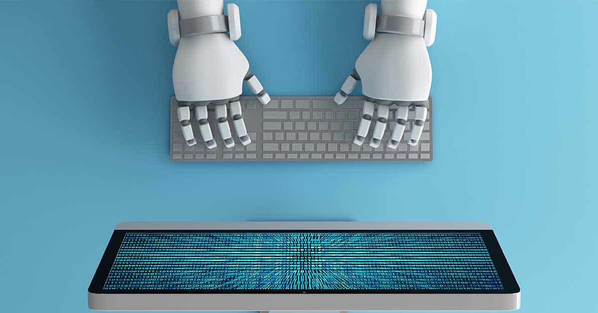 Robotic hands, driven by AI and automation, type swiftly on a keyboard while binary code elegantly streams across a monitor set against a cool blue background.