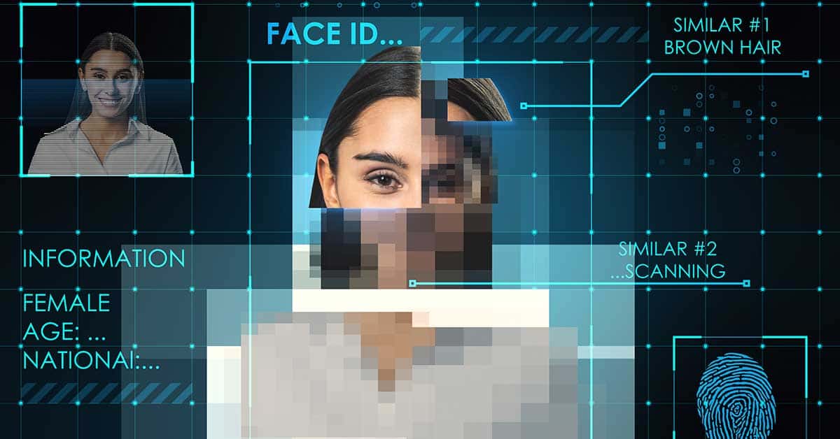 A digital interface reveals a woman's face under the scrutiny of facial recognition software, blending data analysis with pixelated areas—a world where deepfakes challenge authenticity.