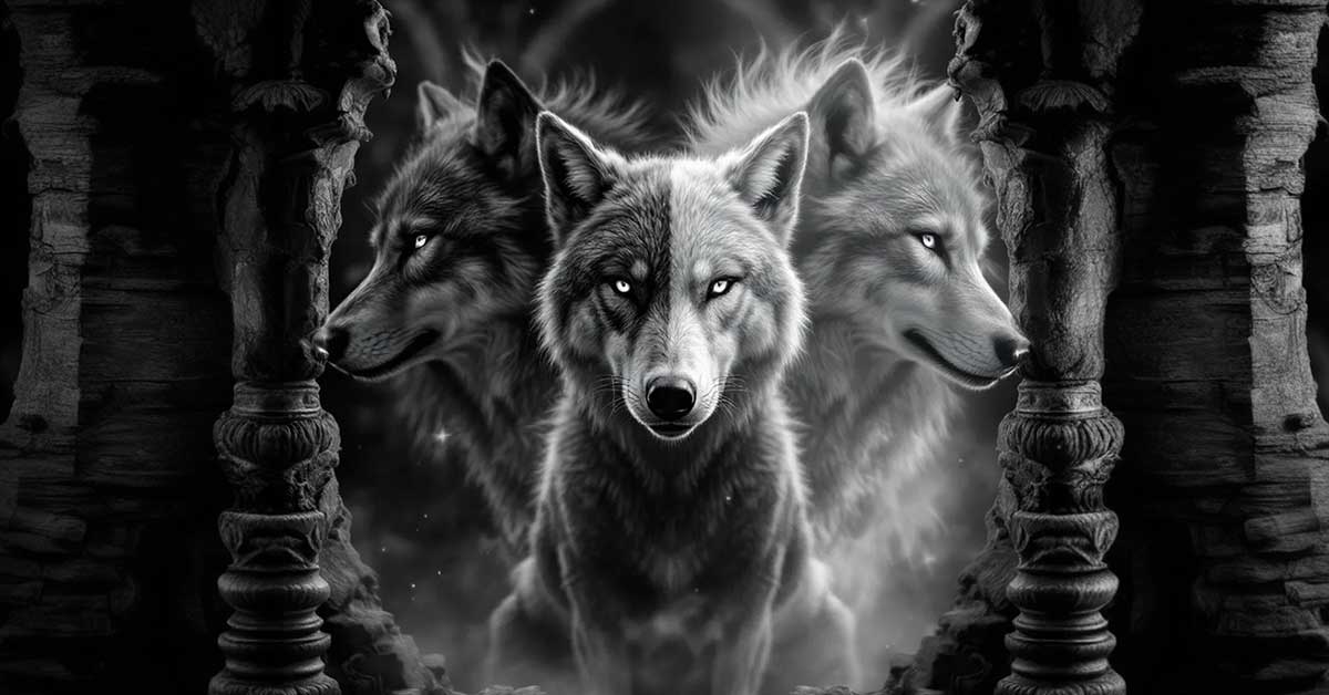 Three wolves with glowing eyes stand between ancient stone pillars, all in grayscale—a vivid depiction of the Tale of Two Wolves, where the essence of inner balance is eternally pursued.