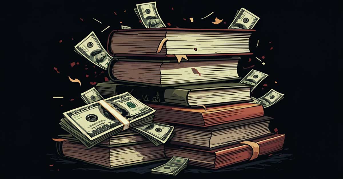 A stack of textbooks interspersed with dollar bills against a dark background, hinting at the wealth generated by the textbook industry.