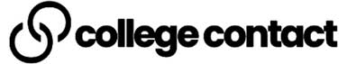 Black and white logo of "college contact" with a stylized icon resembling an abstract spiral or headphones to the left of the text.