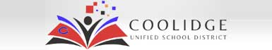 Logo of Coolidge Unified School District featuring an open book with abstract human figure and colorful squares above, accompanied by the text "Coolidge Unified School District.