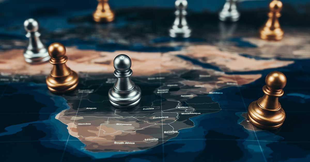 Chess pawns in silver and gold are placed on a map of Africa, suggesting the strategic moves and influence that have shaped the continent’s journey toward becoming a great civilization.