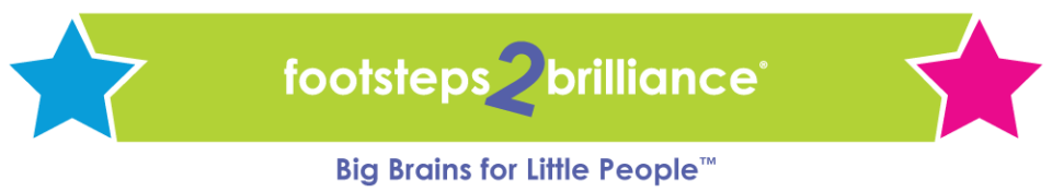 Logo of Footsteps2Brilliance with a green background, featuring blue and pink stars on either side. Text reads "footsteps2brilliance" and "Big Brains for Little People™".