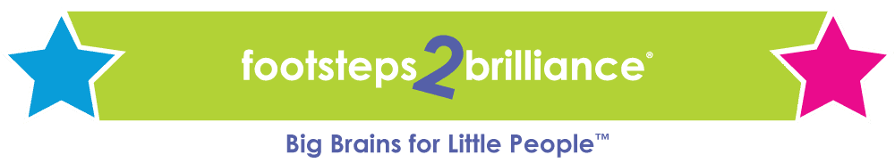 Logo of Footsteps2Brilliance with a green background, featuring blue and pink stars on either side. Text reads "footsteps2brilliance" and "Big Brains for Little People™".