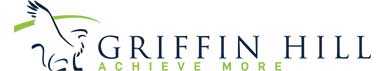 A logo with an outline of a griffin on the left. Text on the right reads "GRIFFIN HILL" with "ACHIEVE MORE" underneath.