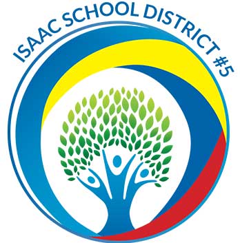 Logo of Isaac School District #5 featuring a stylized tree with human figures as branches, surrounded by colored arcs in blue, yellow, and red.