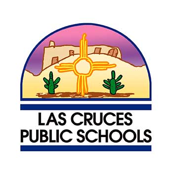 Logo of Las Cruces Public Schools featuring a yellow Zia sun symbol, two green cacti, and a depiction of a desert scene with a pink and purple sky.