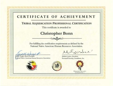 Certificate of Achievement for Tribal Adjudication Professional Certification awarded to Christopher Bonn, signed by two officials, with three organizational logos at the bottom.