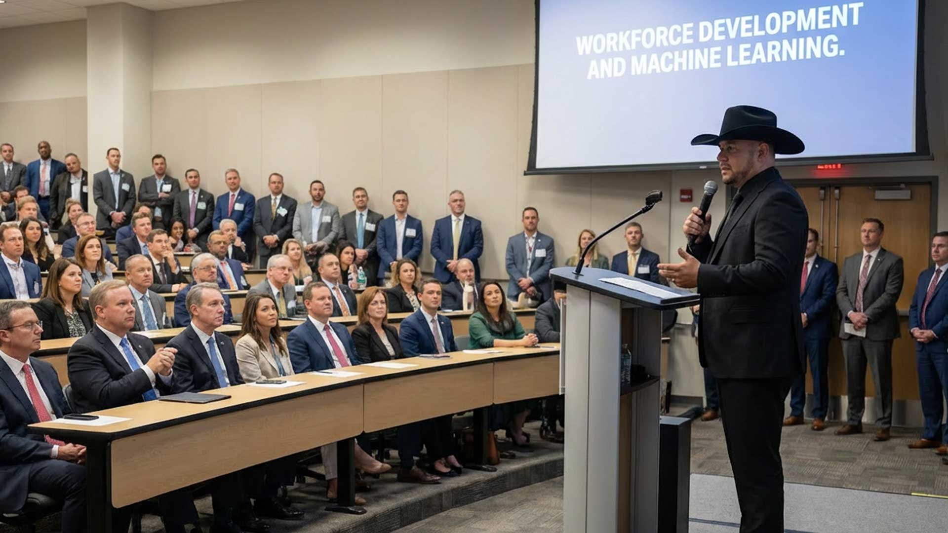 A man in a cowboy hat speaks at a podium in a packed lecture hall, with "Workforce Development and Machine Learning" displayed on a screen behind him.