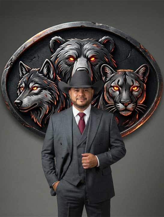 A man in a suit and cowboy hat stands in front of a wall art featuring a bear, wolf, and big cat with glowing eyes.