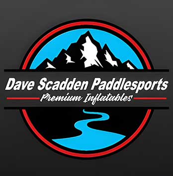 The logo of Dave Scadden Paddlesports showcases a mountain silhouette and a blue river with the text "Premium Inflatables" gracefully set against a black background, resembling an auto draft of natural elegance.